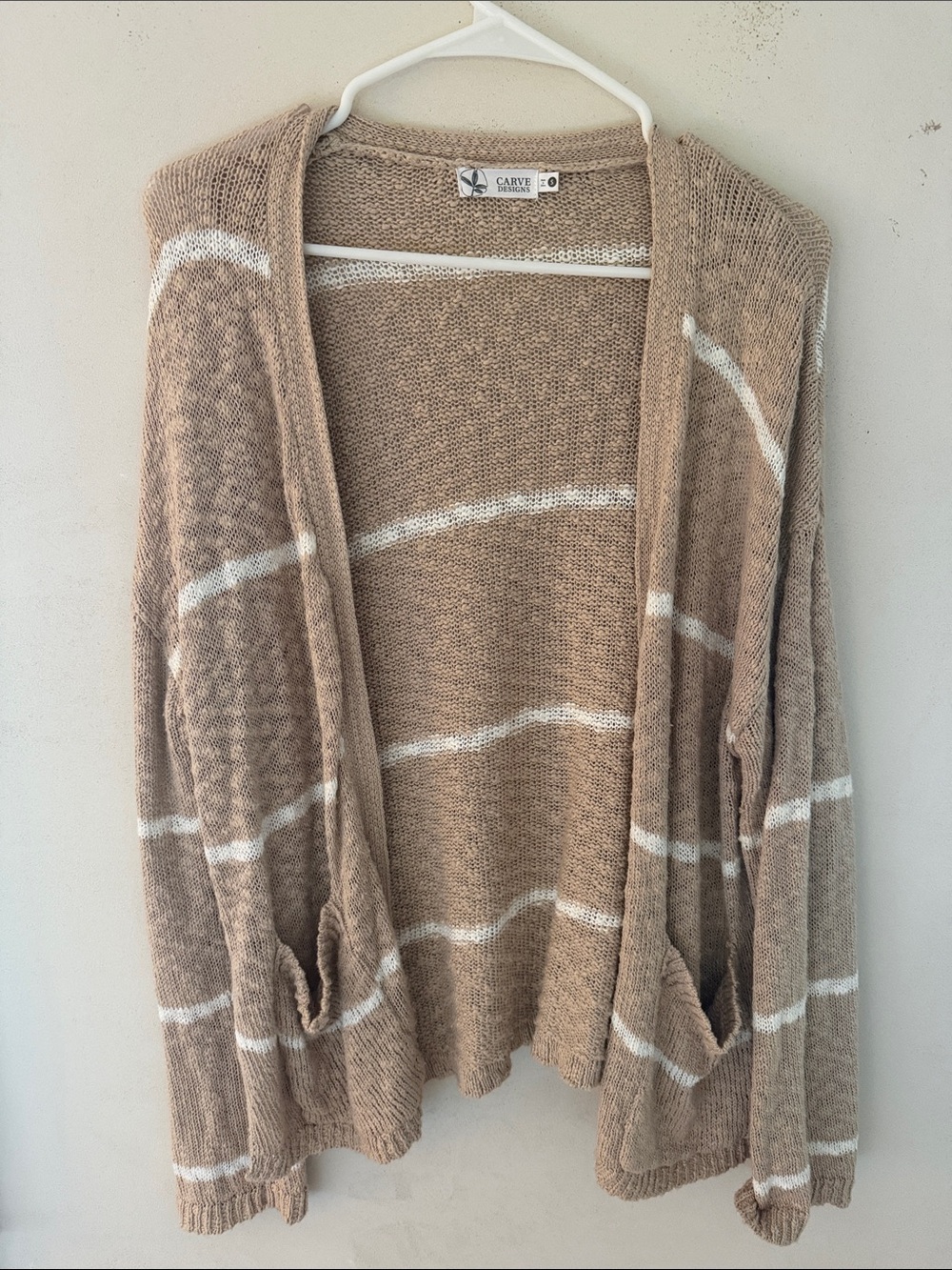 Carve Designs Tan and White Striped Open-Front Cardigan